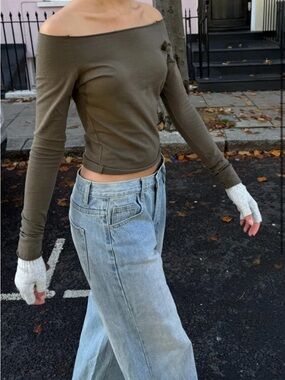 John Galt Brandy Melville Olive Off-Shoulder Long Sleeve Top